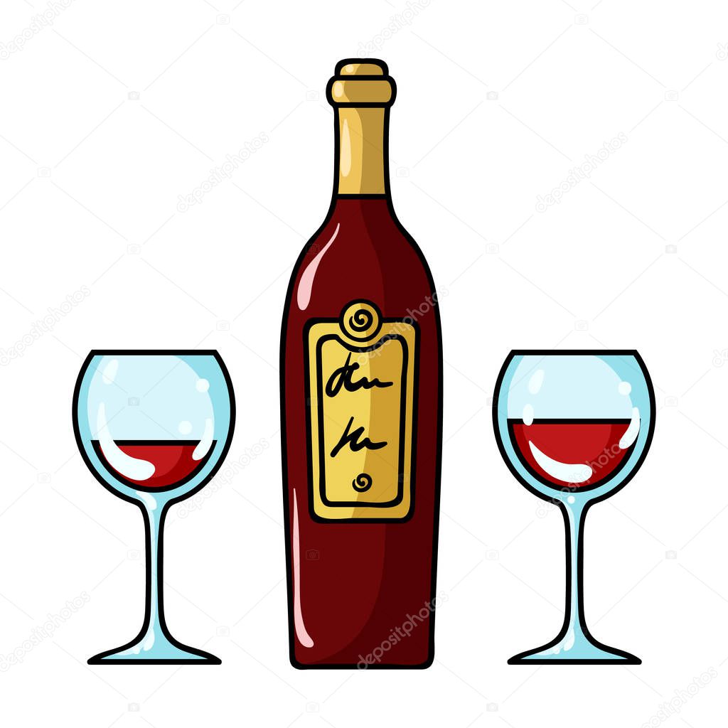 Bottle Of Red Wine With Glasses Icon In Cartoon Style Isolated On White