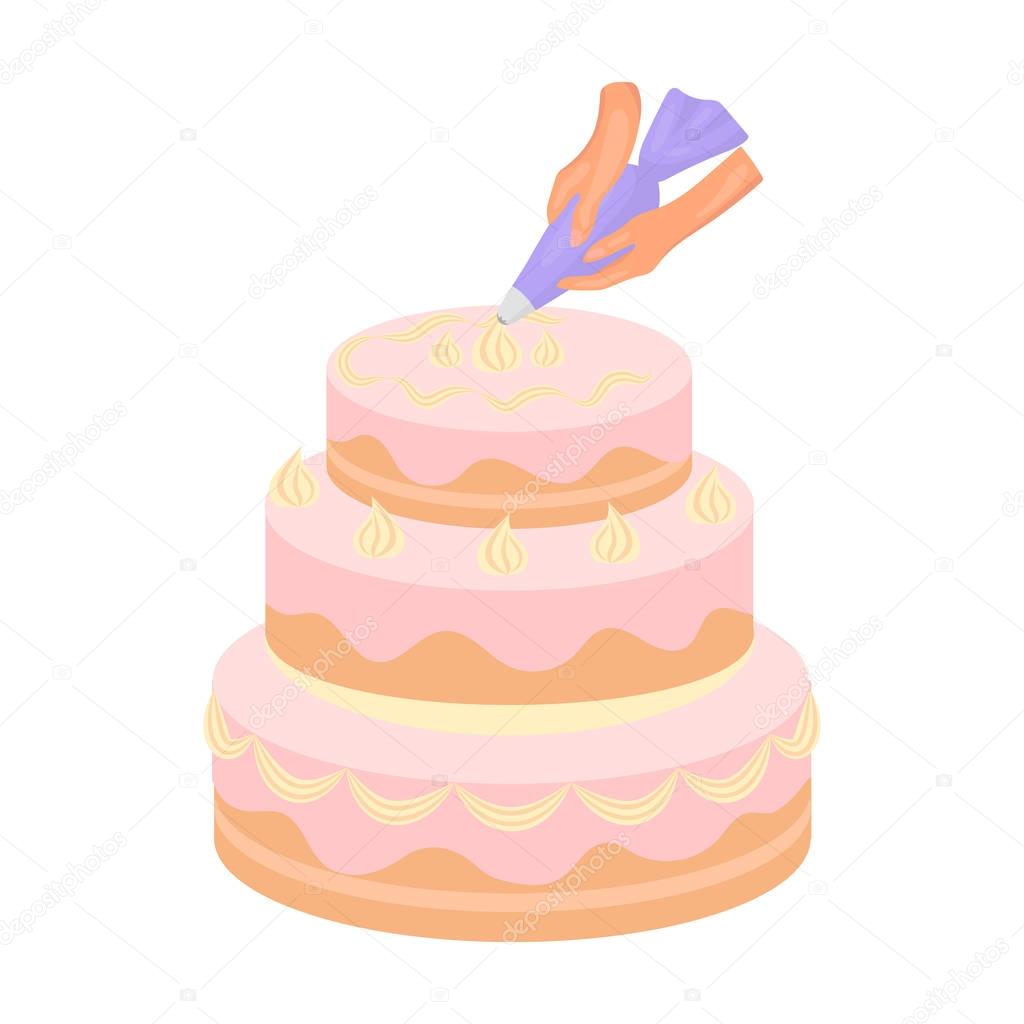Decorating of birthday cake icon in cartoon style isolated on white background. Event service symbol vector illustration.