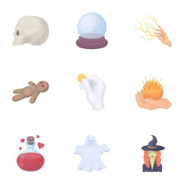 Siyah ve beyaz sihir karikatür tarzı simgeleri ayarlayın. Siyah ve beyaz sihirli vektör simge stok çizim büyük toplama