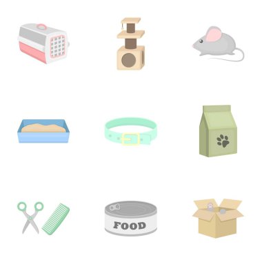 Kedi donanımları karikatür tarzı simgeleri ayarlayın. Büyük kedi donanımları vektör simge stok illüstrasyon topluluğu