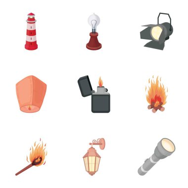 Işık kaynağı simgeleri karikatür tarzı ayarlayın. Işık kaynağının vektör simge stok çizim büyük toplama