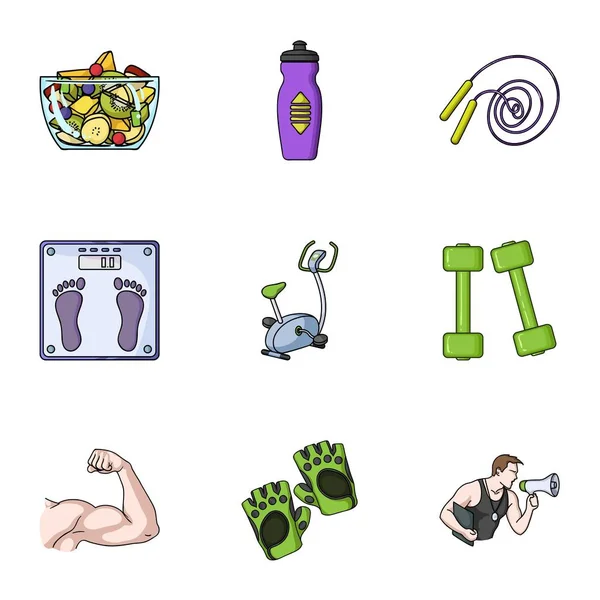 Sport en fitness set pictogrammen in cartoon stijl. Grote verzameling van sport en fitness vector symbool stock illustratie — Stockvector