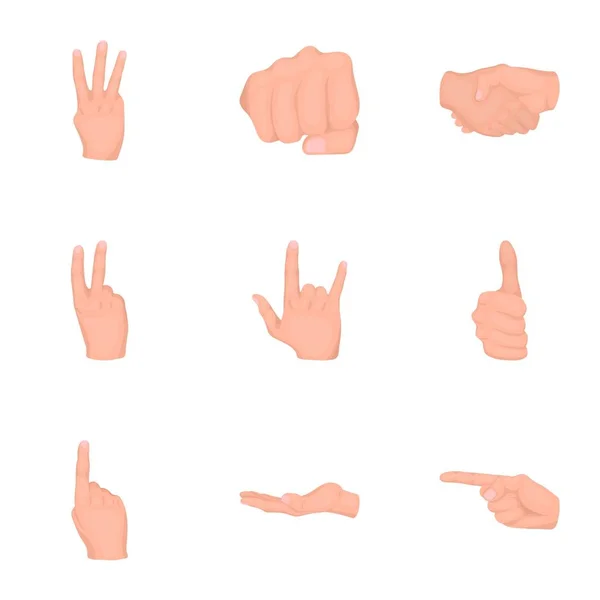 Les gestes de la main mettent des icônes dans le style de dessin animé. Grande collection de gestes de main symbole vectoriel illustration de stock — Image vectorielle