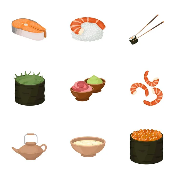 Sushi estableció iconos en estilo de dibujos animados. Gran colección de sushi vector símbolo stock ilustración — Vector de stock