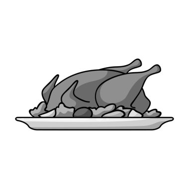 Tek renkli stil beyaz arka plan üzerinde izole simgesinde garnitür ile kavrulmuş tavuk. Restoran sembol stok vektör çizim.