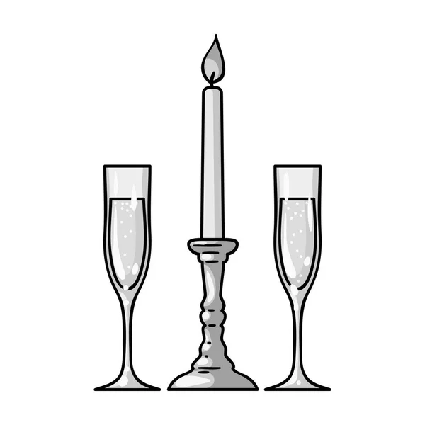 Candela tra bicchieri con icona champagne in stile monocromatico isolato su sfondo bianco. Simbolo ristorante stock illustrazione vettoriale . — Vettoriale Stock