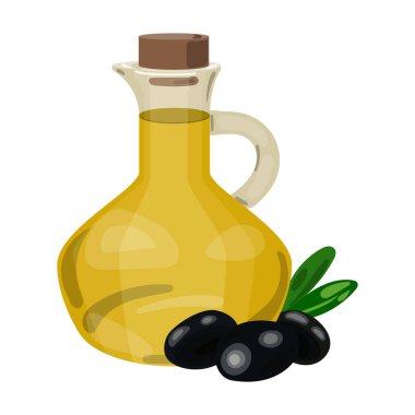 Çizgi film zeytin simgesi beyaz arka plan üzerinde izole karikatür tarzı ile zeytinyağı şişesi. Yunanistan sembol stok vektör çizim.