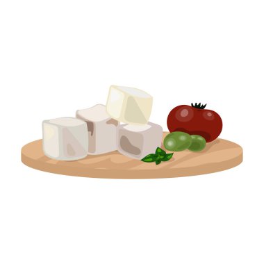 Doğranmış peynir peynir domates ve beyaz arka plan üzerinde izole karikatür tarzı kesme tahtası simgesine zeytin. Yunanistan sembol stok vektör çizim.