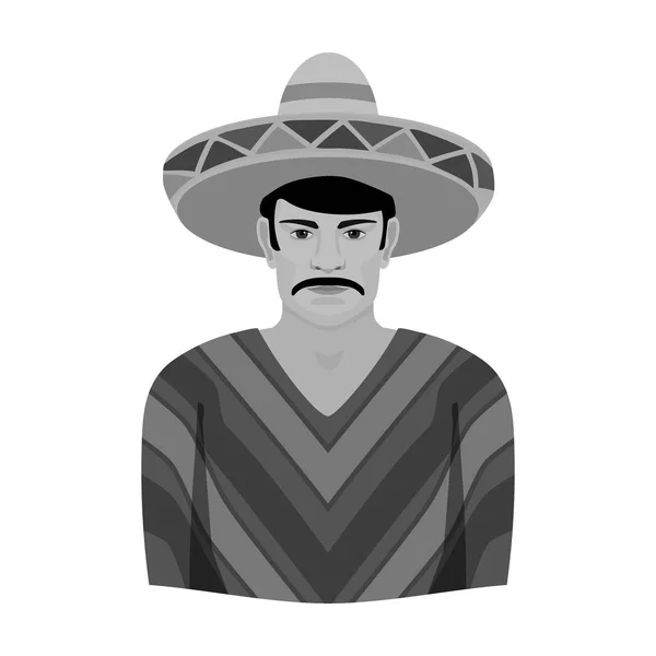 Mexikansk man i sombrero och poncho ikonen i svartvit stil isolerad på vit bakgrund. Mexiko land symbol lager vektorillustration. — Stock vektor
