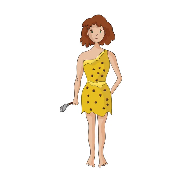 Höhlenfrau mit Steinwerkzeug-Symbol im Cartoon-Stil isoliert auf weißem Hintergrund. Steinzeit Symbol Aktienvektor Illustration. — Stockvektor