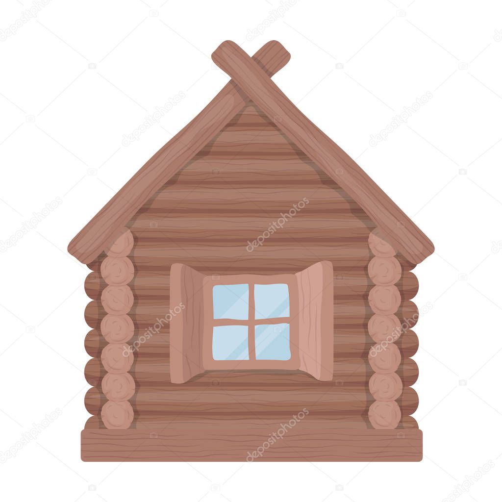 Wooden house icon in cartoon design isolated on white background. Russian country symbol stock vector illustration.