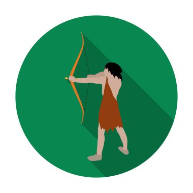 Beyaz arka plan üzerinde izole düz stilde yay ve ok simgesi olan mağara adamı. Taş Devri sembol stok vektör çizim.