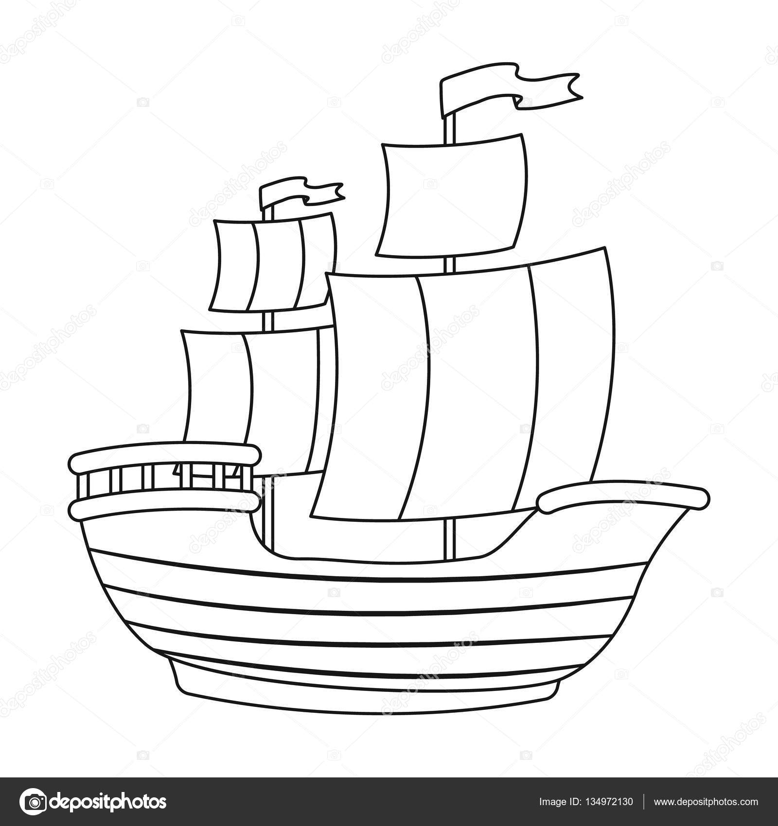 Pirate Ship Icon In Outline Style Isolated On White Background