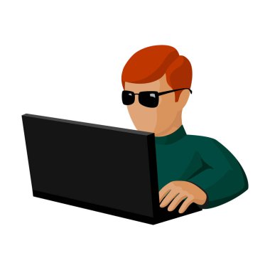 Bilgisayar hacker simgesi beyaz arka plan üzerinde izole karikatür tarzı. Bilgisayar korsanları ve sembol stok kesmek illüstrasyon vektör.