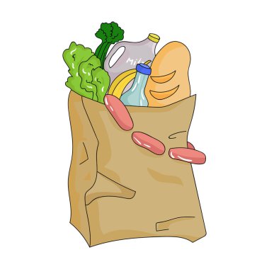 Kağıt torba gıda simgesi beyaz arka plan üzerinde izole karikatür tarzı ile dolu. Süpermarket sembol stok vektör çizim.
