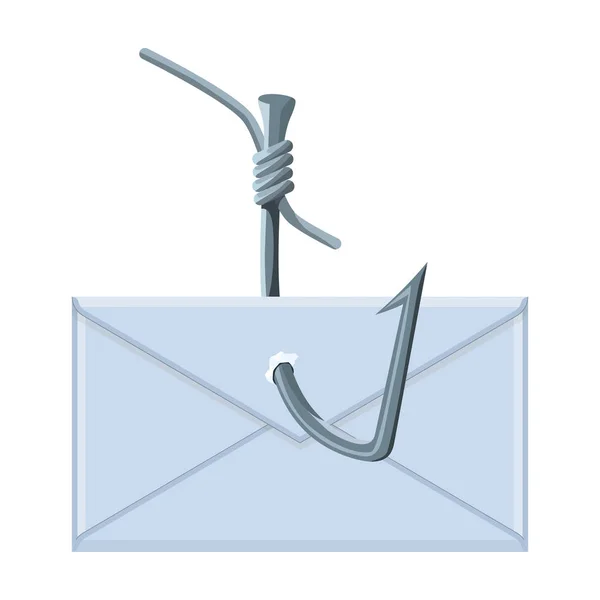 Icono de correo electrónico enganchado en estilo de dibujos animados aislado sobre fondo blanco. Hackers y piratería símbolo stock vector ilustración . — Vector de stock
