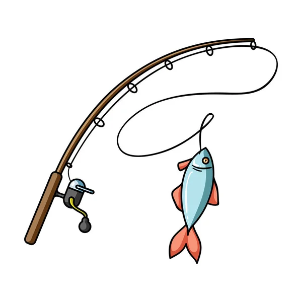 Caña de pescar y el icono de pescado en estilo de dibujos animados aislados sobre fondo blanco. Símbolo de pesca stock vector ilustración . — Vector de stock