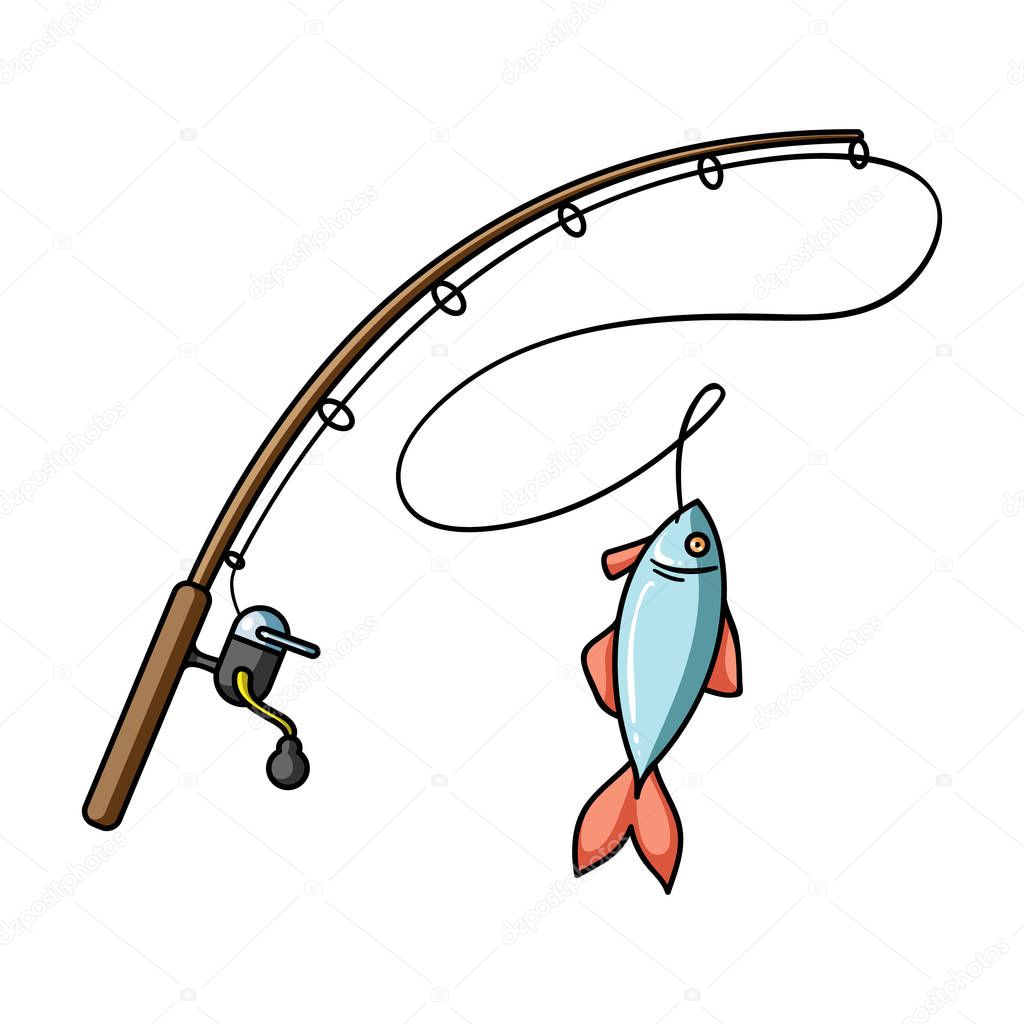 Fishing rod and fish icon in cartoon style isolated on white background