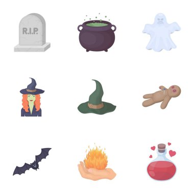 Siyah ve beyaz sihir karikatür tarzı simgeleri ayarlayın. Siyah ve beyaz sihirli vektör simge stok çizim büyük toplama