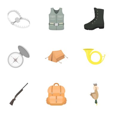 Avcılık karikatür tarzı simgeleri ayarlayın. Vektör simge stok illüstrasyon avcılık big toplama