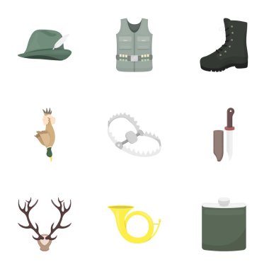 Avcılık karikatür tarzı simgeleri ayarlayın. Vektör simge stok illüstrasyon avcılık big toplama