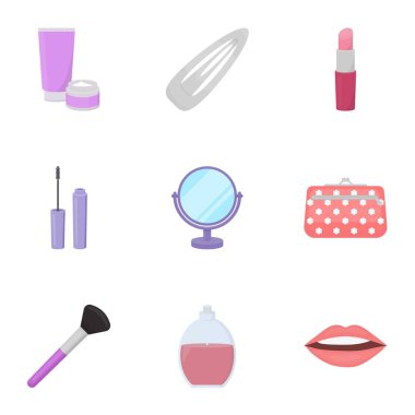 Karikatür tarzı set simgeleri oluşturur. Büyük vektör simge stok illüstrasyon makyaj koleksiyonu