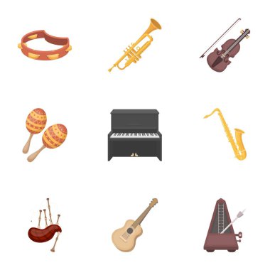 Müzik aletleri, karikatür tarzı simgeleri ayarlayın. Büyük müzik aletleri koleksiyonu sembol stok illüstrasyon vektör
