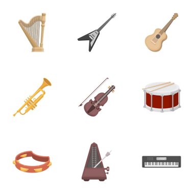 Müzik aletleri, karikatür tarzı simgeleri ayarlayın. Büyük müzik aletleri koleksiyonu sembol stok illüstrasyon vektör