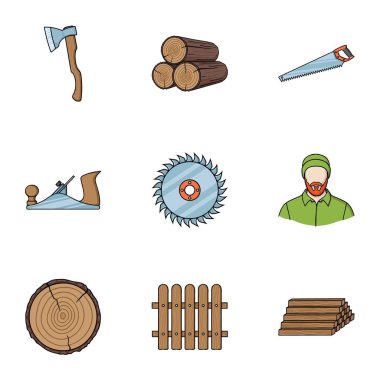 Sawmil ve kereste simgeler karikatür tarzı ayarlayın. Kereste ve ahşap vektör simge stok illüstrasyon büyük toplama