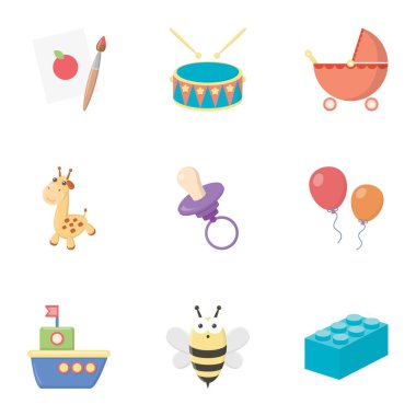 Oyuncaklar, karikatür tarzı simgeleri ayarlayın. Büyük koleksiyon oyuncak sembol stok illüstrasyon vektör