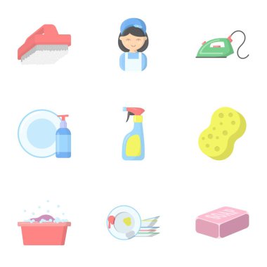 Karikatür tarzı set simgeleri temizleme. Vektör simge stok illüstrasyon temizlik büyük koleksiyonu