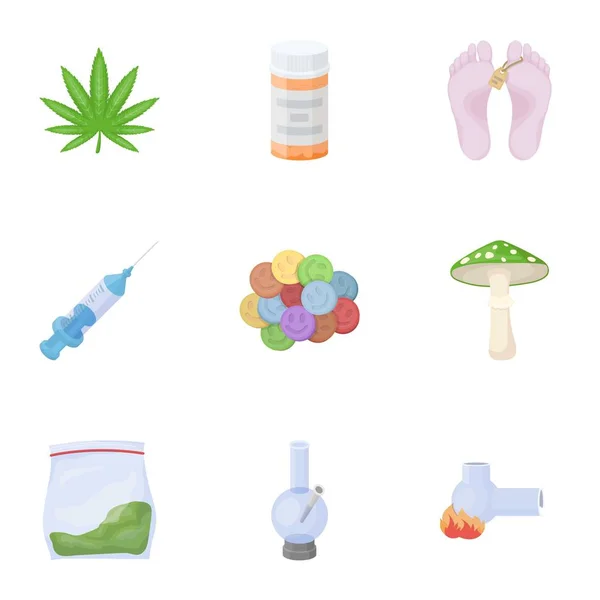 Le droghe impostano le icone in stile cartone animato. Grande collezione di droga vettore simbolo stock illustrazione — Vettoriale Stock