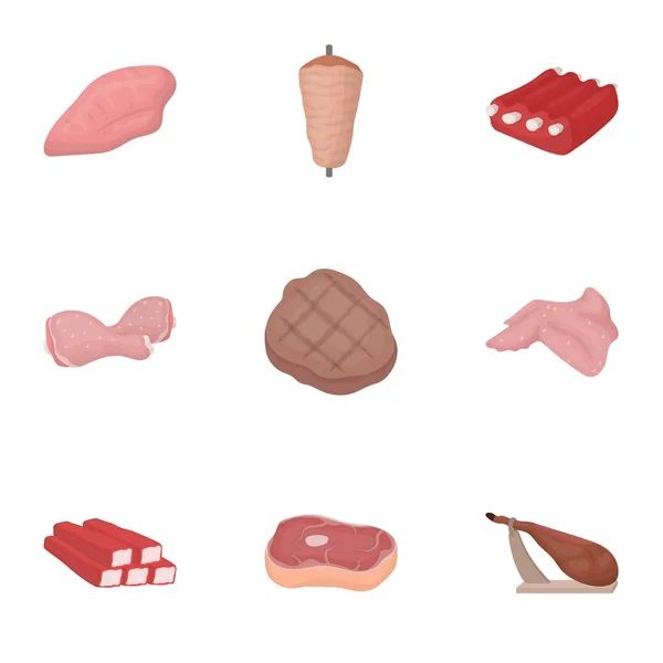 Las carnes establecen iconos en estilo de dibujos animados. Gran colección de carnes vector símbolo stock ilustración — Vector de stock
