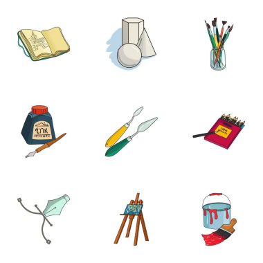 Sanatçı ve çizim set simgeler karikatür tarzı. Sanatçı ve vektör simge stok çizim çizim büyük koleksiyonu