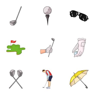Golf Kulübü çizgi film tarzı simgeleri ayarlayın. Golf kulübü vektör simge stok çizim büyük toplama