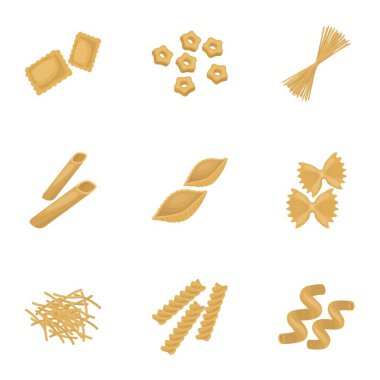 Makarna türü çizgi film tarzı simgeleri ayarlayın. Makarna vektör simge stok illüstrasyon tür büyük toplama