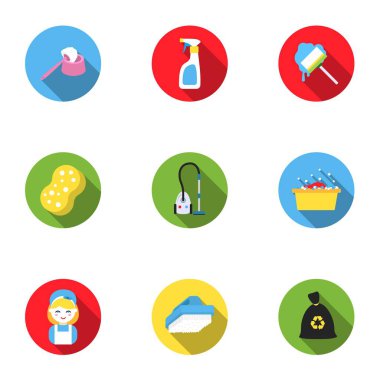 Düz Stil kümesi simgeleri temizleme. Vektör simge stok illüstrasyon temizlik büyük koleksiyonu