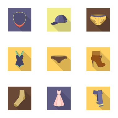 Giysi içinde düz stil Icons set. Giysi büyük koleksiyonu sembol stok illüstrasyon vektör