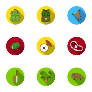 Avcılık simgeler düz stil ayarlayın. Vektör simge stok illüstrasyon avcılık big toplama