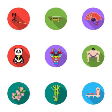Japonya simgeler düz stil ayarlayın. Japonya vektör simge stok çizim büyük toplama