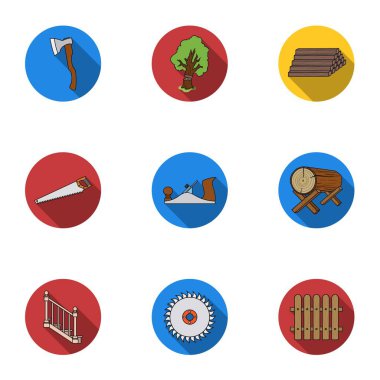 Sawmil ve kereste simgeler düz stil ayarlayın. Kereste ve ahşap vektör simge stok illüstrasyon büyük toplama