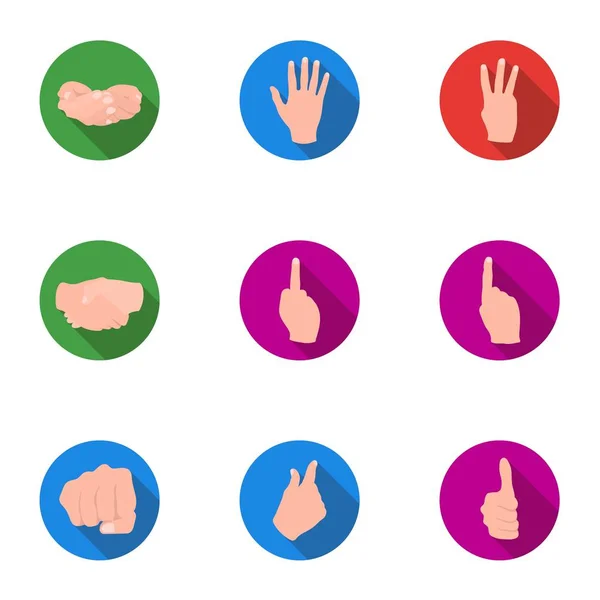 Les gestes de la main placent les icônes dans un style plat. Grande collection de gestes de main symbole vectoriel illustration de stock — Image vectorielle