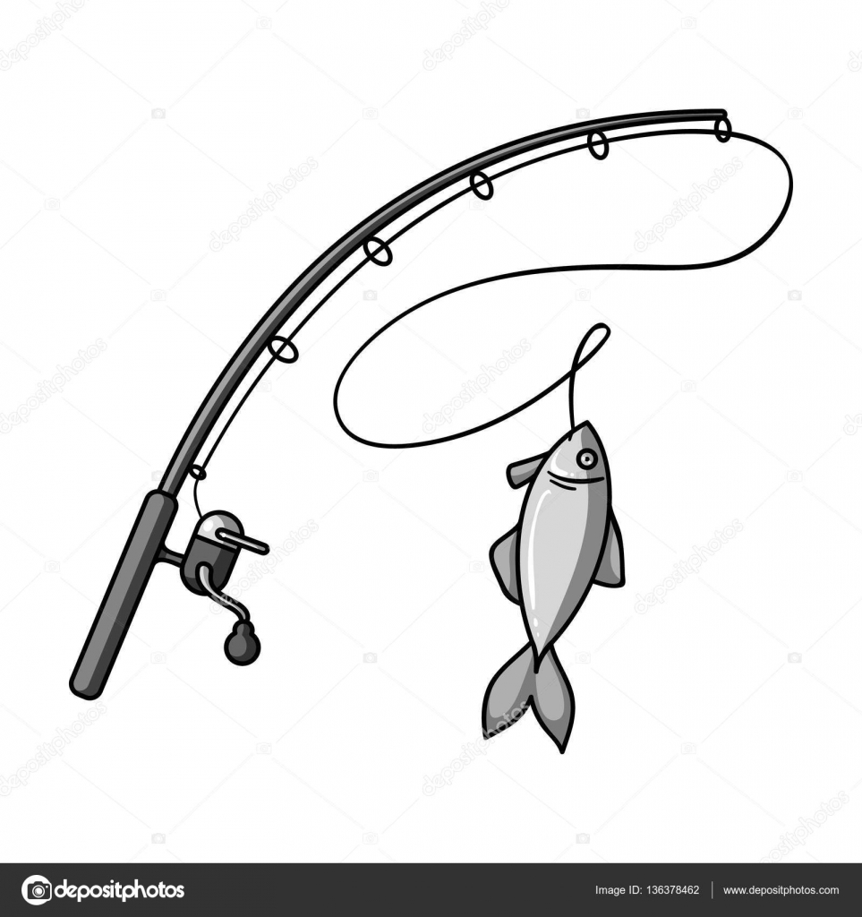Download Fishing rod and fish icon in monochrome style isolated on ...