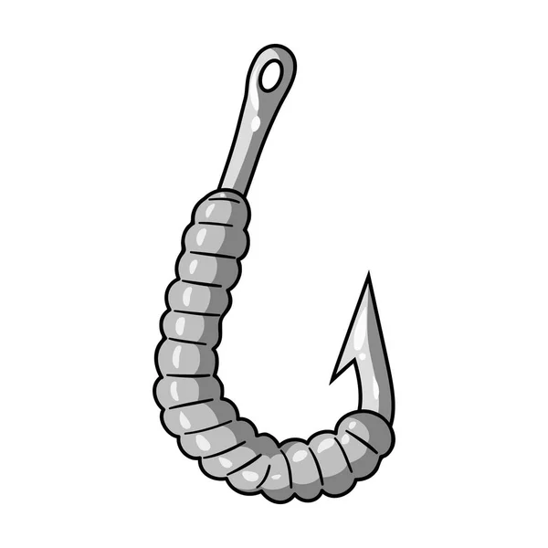 Gusano en un icono de gancho en estilo monocromo aislado sobre fondo blanco. Símbolo de pesca stock vector ilustración . — Vector de stock