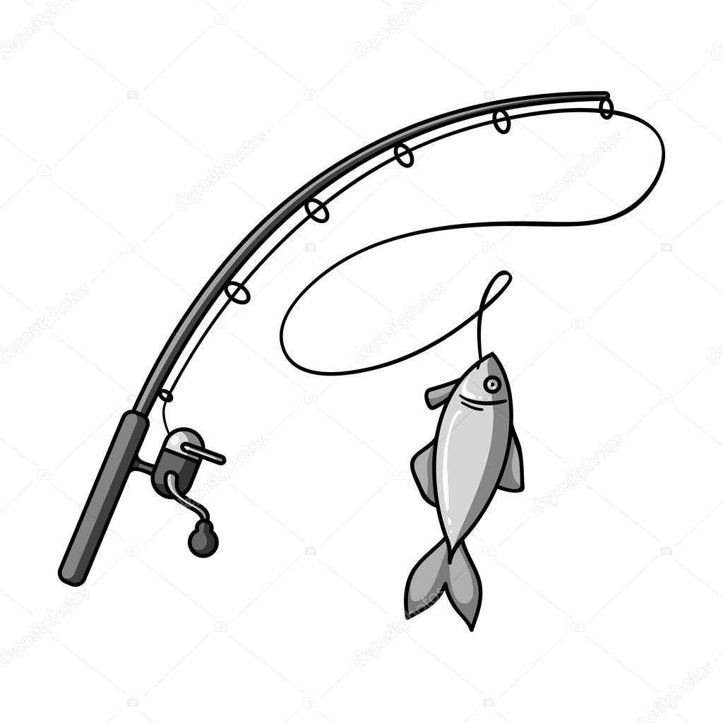 Fishing rod and fish icon in monochrome design isolated on white background. Fishing symbol stock vector illustration.