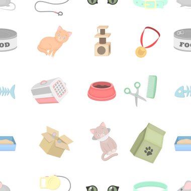 Kedi donanımları karikatür tarzı desen simgeler. Büyük koleksiyon kedi ekipman vektör simge stok çizim