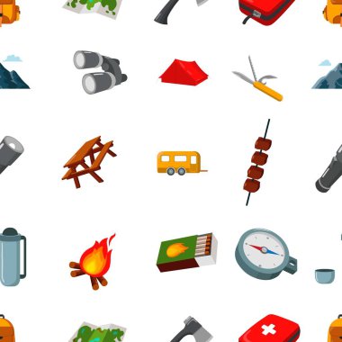 Karikatür tarzı kamp desen simgeler. Büyük toplama kamp vektör simge stok çizim