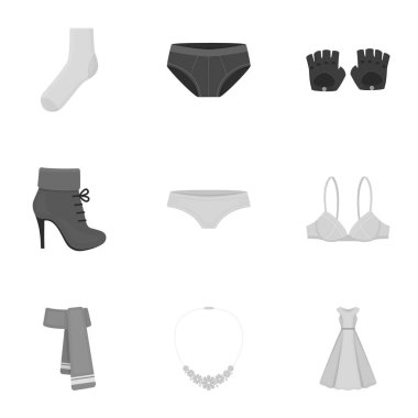 Giysi, tek renkli bir tarzda Icons set. Giysi büyük koleksiyonu sembol stok illüstrasyon vektör