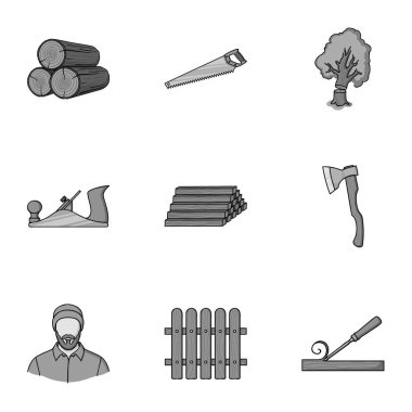 Sawmil ve kereste simgeleri tek renkli bir tarzda ayarlayın. Kereste ve ahşap vektör simge stok illüstrasyon büyük toplama