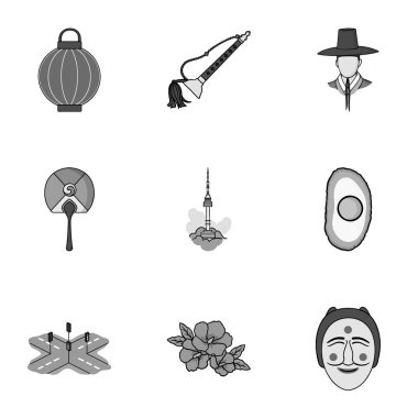 Güney Kore, tek renkli bir tarzda Icons set. Güney Kore vektör simge stok çizim büyük toplama